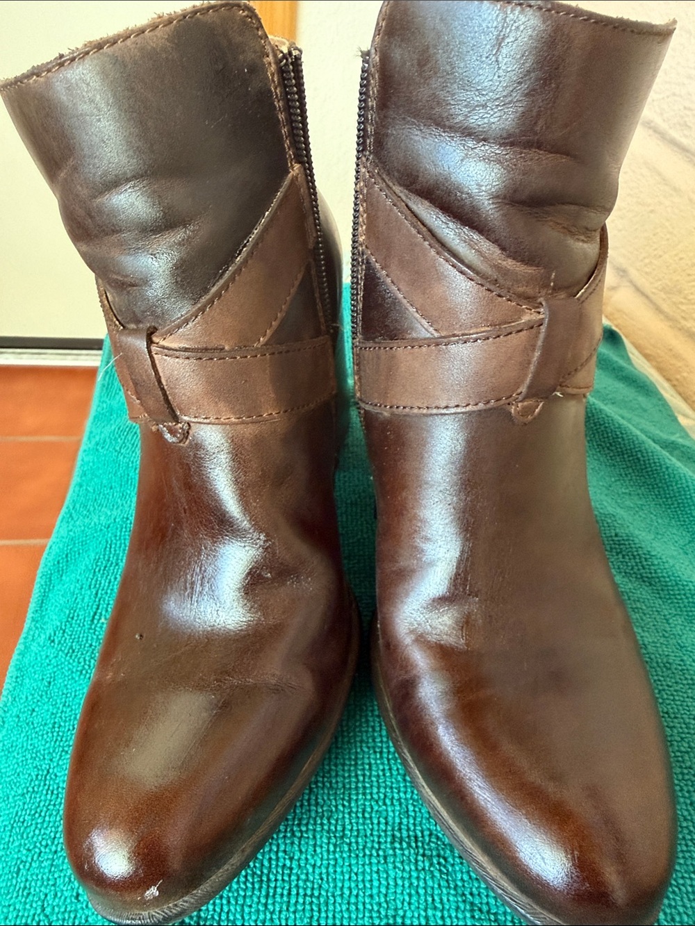 Born Brown Leather Ankle Booties with Side Zip and Strap Detail
